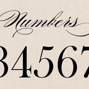 May include: A beige background featuring the word Numbers in a black cursive script font centered above a horizontal row of the black printed digits 1, 2, 3, 4, 5, 6, 7, 8, and 9. The numbers are displayed in a clear, serif typeface.