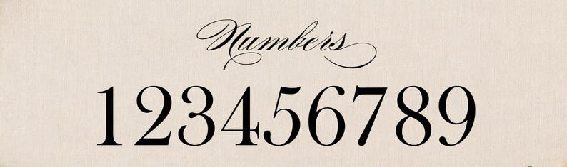 May include: A beige background featuring the word Numbers in a black cursive script font centered above a horizontal row of the black printed digits 1, 2, 3, 4, 5, 6, 7, 8, and 9. The numbers are displayed in a clear, serif typeface.