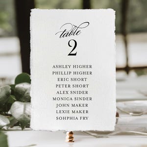May include: A rectangular white paper table seating card with deckled edges. The card features black printed text that reads Table 2, followed by a list of names including Ashley Higher, Phillip Higher, Eric Short, Peter Short, Alex Snider, Monica Sinder, John Maker, Lexie Maker, and Sohphia Fry.