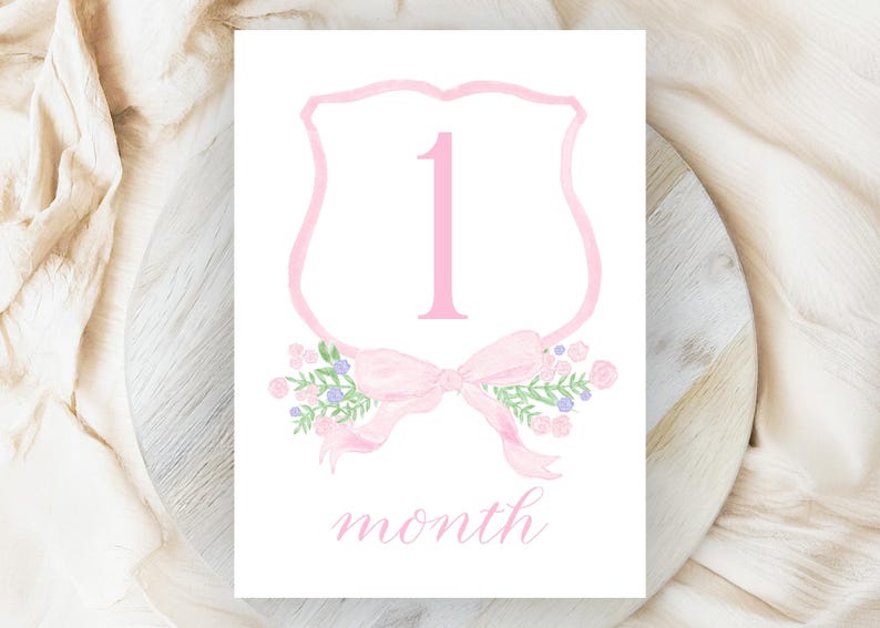 Girl Monthly Milestone Cards, Baby Girl Watercolor Crest Monthly ...