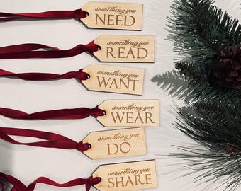 Something You Want Tag, Want Need Wear Read Share Do, Wooden Gift Tags, Engraved Gift Tags, Christmas Gift Ideas,  6 gift rule, meaningful