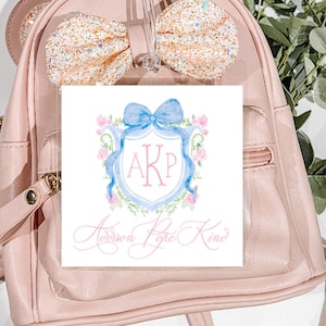 Personalized Watercolor Monogram Bag Tag, Laminated Girl Luggage Tag, Monogram Diaper Bag Tag, crest Bag Tag, girl Nursery Diaper bag tag