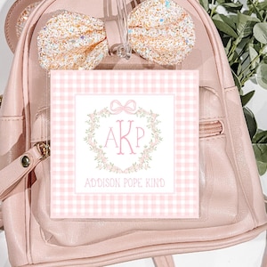 Personalized Watercolor Monogram Bag Tag, Laminated Girl Luggage Tag, Monogram Diaper Bag Tag, crest Bag Tag, girl Nursery Diaper bag tag