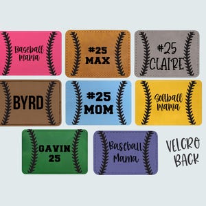 May include: Rectangular patches in various colors, resembling baseballs, with black stitching and text. Colors include pink, brown, gray, blue, yellow, green, and purple. Text includes "Baseball Mama", "#25 MAX", "#25 CLAIRE", "BYRD", "#25 MOM", "Softball Mama", "GAVIN 25", and "VELCRO BACK".