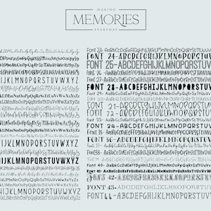May include: A light gray graphic with font samples, including uppercase and lowercase letters, numbers, and special characters. The text "MAKING MEMORIES EVERYDAY" is at the top. Several font combinations are displayed with names like "Avett" and "Gavin".