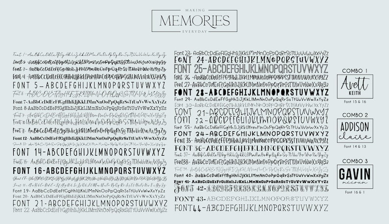 May include: A light gray graphic with font samples, including uppercase and lowercase letters, numbers, and special characters. The text "MAKING MEMORIES EVERYDAY" is at the top. Several font combinations are displayed with names like "Avett" and "Gavin".