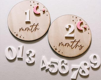 Celestial Monthly Milestone Discs, Moon and Stars Baby Monthly Milestone Discs,  Baby Girl Milestone Cards, Moon Milestone Cards, Stars