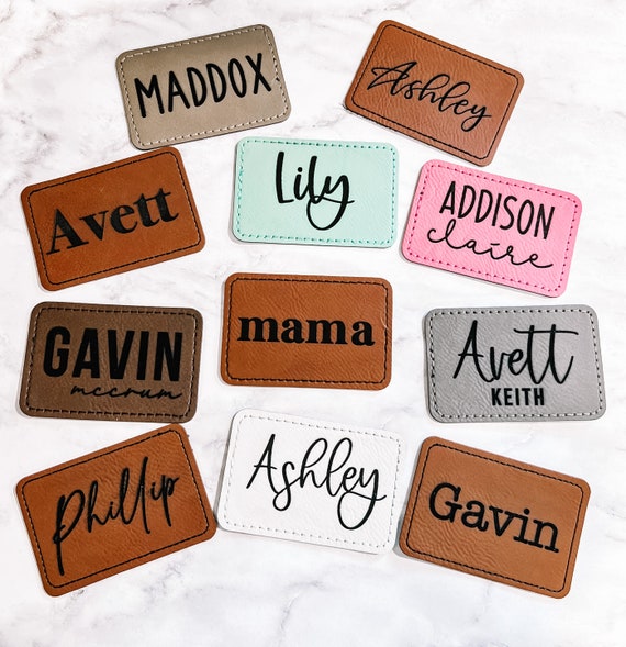 Faux Leather Personalized Name Patch, adhesive patch, personalized leather patch, Beanie Patch,  Hat Patch, stocking Patch, iron on patch