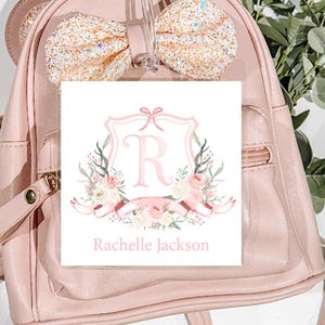 Personalized Watercolor Monogram Bag Tag, Laminated Girl Luggage Tag, Monogram Diaper Bag Tag, crest Bag Tag, girl Nursery Diaper bag tag