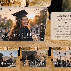 May include: Acrylic photo block featuring a graduate in a cap and gown, with the text "Class of 2020" and "North Stanly High School." The image is a graduation keepsake, perfect for celebrating achievements.