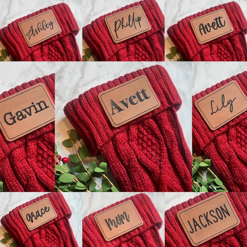 May include: Red cable knit leg warmers with personalized leatherette name tags. Names include Ashley, Phillip, Avett, Gavin, Lily, Grace, Mom, and Jackson. The leg warmers are folded over at the top.