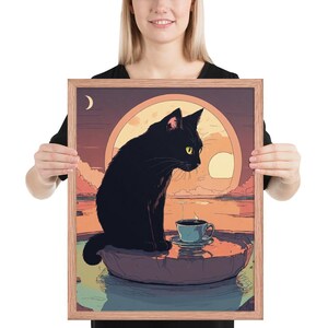 Elegante dipinto di gatto nero: accogliente arte felina per gli amanti degli animali domestici - Decorazione murale di ispirazione vintage