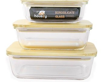 HOUSZY Glass Food Containers (Set of 3) - Kitchen Storage Container Set with Bamboo Lids - Safe for Microwave, Dishwasher, Oven, Freezer