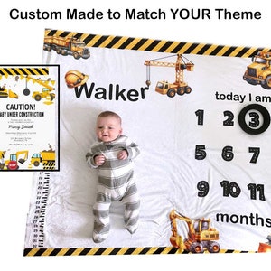 Trucks baby maand mijlpaaldeken gepersonaliseerde babynaam mijlpalen, babydeken groei- en leeftijdstabel, aangepaste kinderdagverblijf bouwvrachtwagens