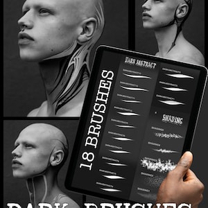 Puede incluir: Imagen en blanco y negro que presenta una tableta que muestra pinceles digitales. La tableta está sostenida por una mano. Las palabras "DARK BRUSHES" y "18 BRUSHES" son visibles. La imagen también incluye una persona con la cabeza rapada y arte corporal.