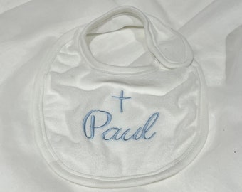 Embroidered Personalised Christening Baptism  Bib with Cross