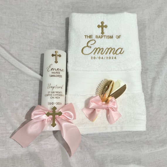 Personalised Christening Gift Set | Candle, Embroidered Towel and Gold Brush Set | Baptism Keepsake
