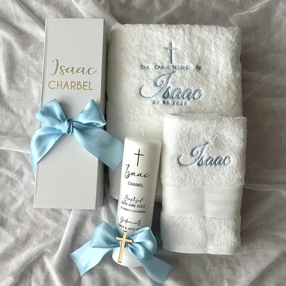 Christening Baptism Naming Day Candle and Embroidered Towel Set Keepsake