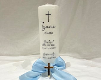 Bougie de baptême, baptême, style script, croix en acrylique