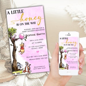 Baby Shower Digital Invitation - A little Honey is on the Way - Winnie the Pooh - Pink - Editable template, Downloadable