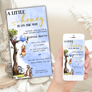 Baby Shower Digital Invitation - A little Honey is on the Way - Winnie the Pooh - Blue - Editable template, Downloadable