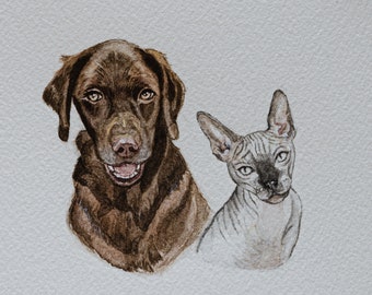 May include: A watercolor painting of a brown Labrador Retriever and a gray Sphynx cat. The dog is looking directly at the viewer, while the cat is looking to the side. Both animals are painted in a realistic style.