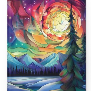 May include: A rectangular notebook cover featuring a stained glass style illustration of a night landscape. The scene depicts a bright moon, colorful swirling clouds, snow-covered ground, distant blue mountains, and a tall evergreen tree.