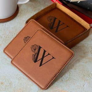 Personalized Vegan Leather Coaster Set, Engraved Drink Coasters