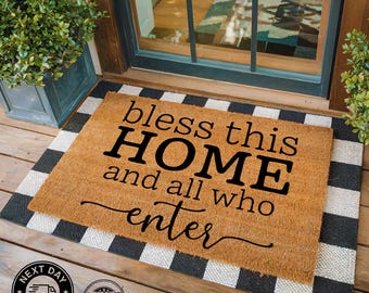 Bless This Home And All Who Enter Doormat, Christian Gift, Housewarming Gift, All Weather Doormat, Coir Mat, Newlywed Gift, Religious Gift