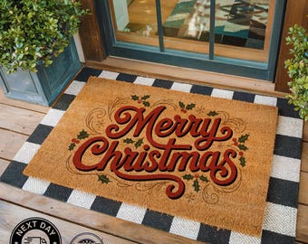 May include: A rectangular coir doormat with the words "Merry Christmas" in red script, accented with holly and berries. The mat is bordered by a black and white checkered rug, perfect for a festive entryway.