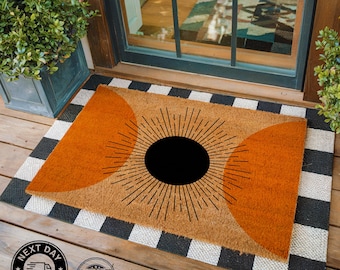 Mid Century Sunburst Doormat, Modern Boho Entryway Decor, Housewarming Gift, Natural Coir Mat