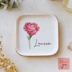Custom Ring Dish with Birth Flower, Custom Mom Jewelry Dish, Mother&#39;s Day Gift, Custom Ring Dish, Custom Gift, Gift for Mom, Trinket Dish