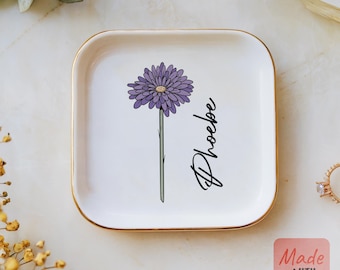 Customized Birth Flower Ring Dish, Personalized Jewelry Dish, Birthday Gifts, Floral Dishes, Flower Ring Dish, Gift for Her, Trinket Dish
