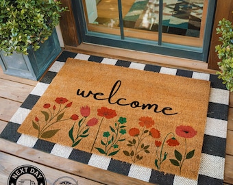 Floral Welcome Mat, Housewarming Gift, Floral Doormat, Porch Decoration, Outdoor Mat, New Home Gift Wedding Gift, Entryway Door Mat