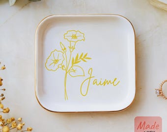 Color Design Ring Dish, Personalized Gift for Mom, Custom Jewelry Dish, Mother's Day Gift, Gift for Aunt,  Custom Gift, Birth Flowers Design