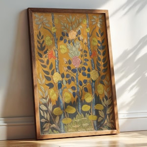 May include: A framed painting of a stylized floral design with blue, green, yellow, red, and pink flowers on a yellow background.