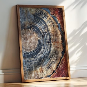 May include: A framed print of a tree trunk cross-section, showing the rings and texture of the wood. The colors are a mix of brown, blue, and red.