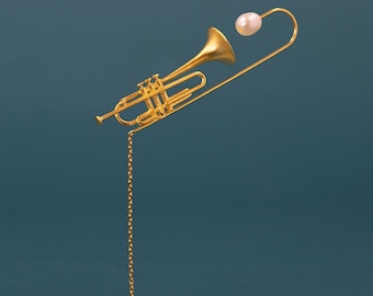 Trompete Brosche / Musikinstrument Brosche / Musik Schmuck / Schmuck aus Sterlingsilber mit 18k Gold / Unsex Geschenk / Musikliebhaber