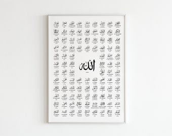 Affiche de 99 noms d'Allah avec signification - art mural islamique, téléchargement numérique, décoration d'intérieur musulmane, impression d'art islamique, calligraphie, Asmaul Husna