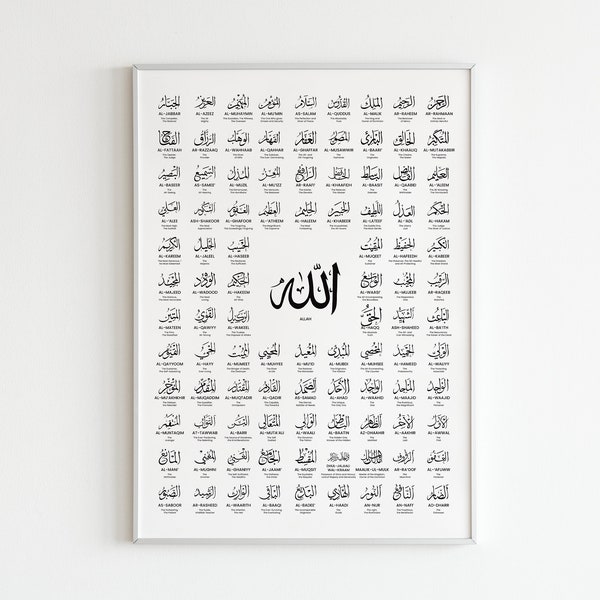 99 Names of Allah Poster with meaning - Islamic Wall Art, Digital Download, Muslim Home Decor, Islamic Art Print, Calligraphy, Asmaul Husna