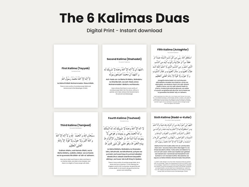 6 Kalimas Duas - Printable Islamic Prayer Cards, Arabic ...