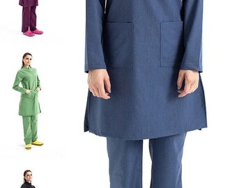 Muslim Stand-up Collar Nurse, Medical Women's Tesettür, Terry-Cotton Suit Uniform, İslamic Uniform, Long Sleeve