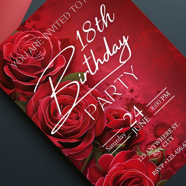 Red Rose Birthday Invite, Red Flower Birthday Party Invite, Red Rose Canva Invitation Template, Elegant Floral Print at Home Invitations