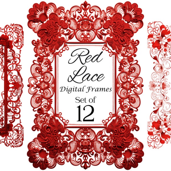 12 Red Lace PNG Page Borders, Digital Frames Bundle, PNG Image File, Red Page Borders, Romantic Clipart PNG, Image Bundle Designs for Flyers