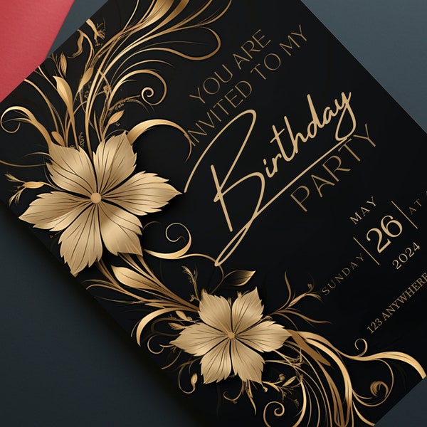 Black and Gold Flower Invite, Gold Birthday Party Invite, Black Gold Canva Invitation Template, Elegant Floral Print at Home Invitations 5x7