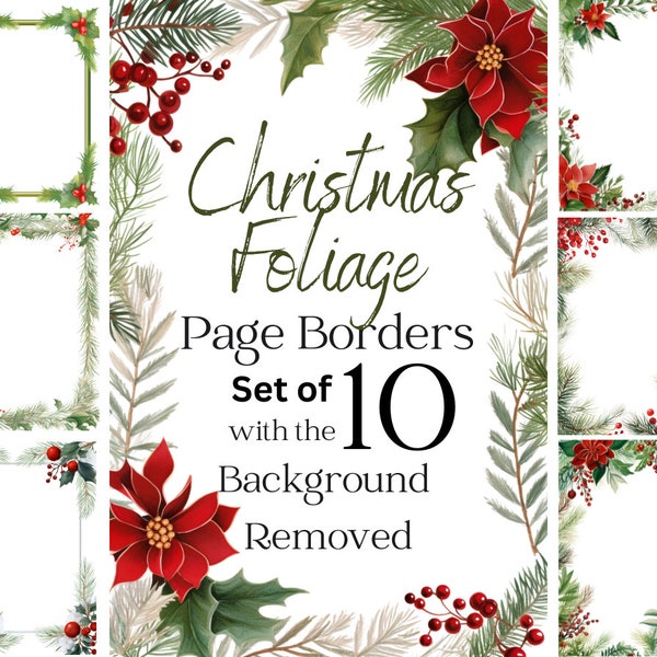 10 Christmas Foliage PNG Page Borders, Floral Digital Frames, Flower PNG Image Files, Page Border Clipart PNG Image Bundle Design for Flyers