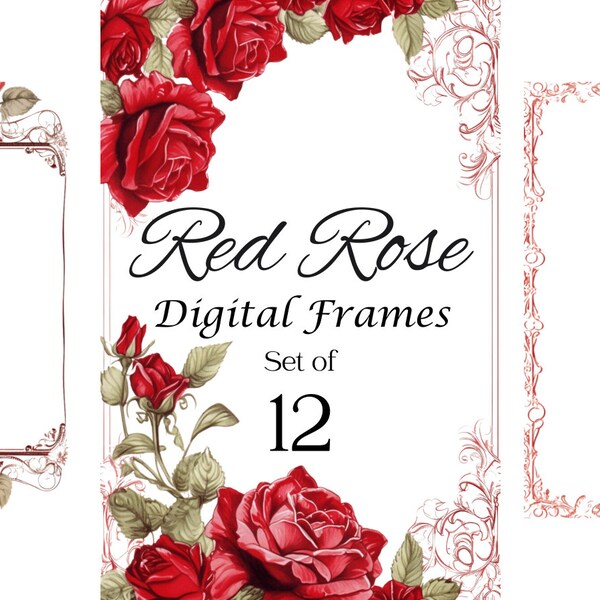 12 Red Rose PNG Page Borders, Floral Digital Frames Bundle, Flower PNG Image File, Page Border Clipart PNG Image Bundle Designs for Flyers