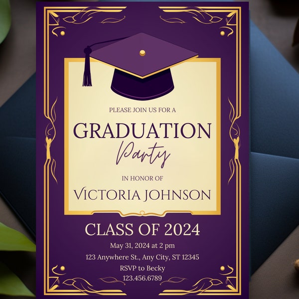 Purple and Gold Graduation Party Invitation, Elegant Graduation Invite, Purple Canva Template, Print at Home Invitation, Class of 2024, 5x7