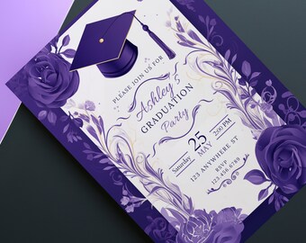 Purple and Gold Graduation Party Invitation, Elegant Graduation Invite, Lilac Canva Template, Print at Home Invitation, Class of 2024, 5x7