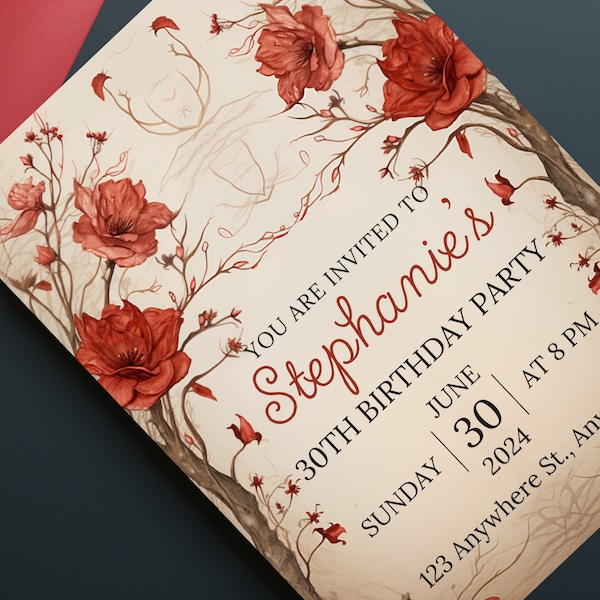 Beige and Red Flower Invite, Red Birthday Party Invite, Beige and Red Canva Invitation Template, Elegant Floral Print at Home Invitations